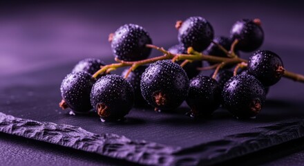Cluster of fresh blackcurrants with water drops on dark surface