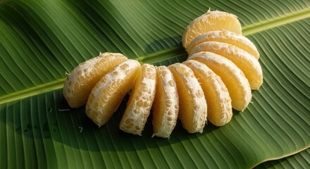 Peeled orange segments arranged in a curve on a green banana leaf