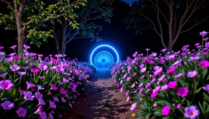 Obraz premium Enchanting Night Pathway Through Blooming Meadow