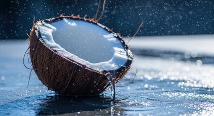 Half coconut with water splashing and dripping on a wet surface