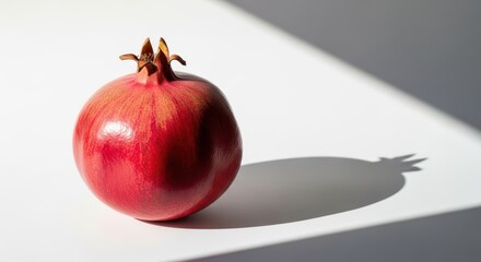 Vibrant red pomegranate fruit with strong shadow on white background