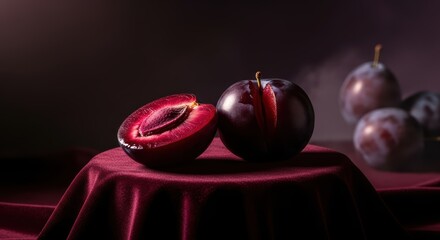 Dark and moody still life of plums on a rich velvet surface