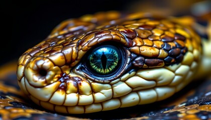Fototapeta premium Vivid Greeneyed Snake Encircled Dark Background