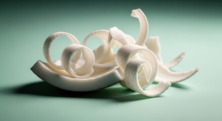 White coconut shavings arranged artistically on a green surface