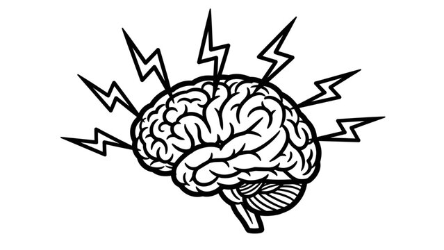 Brain illustration with lightning bolts representing mental activity and focus.