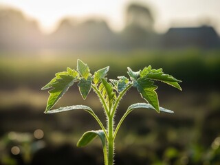 Close up of a young tomato plant seedling in the morning light