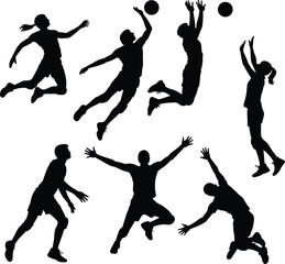 Dynamic Volleyball Player Silhouettes Collection Showing Athletic Jumps, Spikes, and Blocks, Perfect for Sports, Teamwork, and Fitness Graphic Design Elements