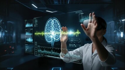 caucasian scientist in vr glasses analyzing digital brain hologram in futuristic laboratory. artificial intelligence and neuroscience research. medical technology innovation. - Powered by Adobe