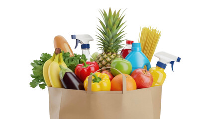 Grocery bag filled with fresh produce and cleaning supplies