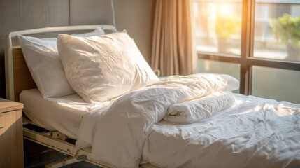 Fototapeta premium Clean hospital bed with pillow and white sheets near the window