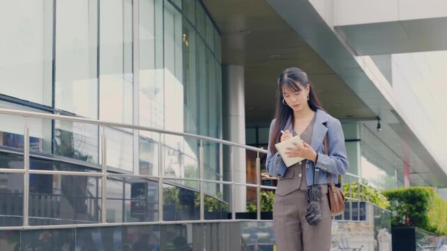 Young business businesswoman walking outdoor near modern office building, holding notebook and pen, planning future business ventures, happy professional enjoying urban travel lifestyle.