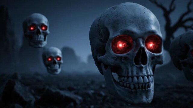 Eerie skulls with glowing red eyes float over a desolate landscape at night time