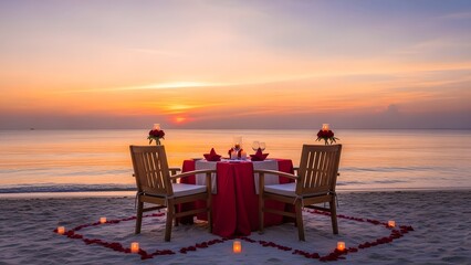 Romantic dinner table setup on a beach at sunset for a special occasion
