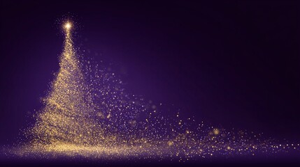 Ethereal golden glitter tree with glowing star, festive minimalist composition with dynamic particles and clean deep purple  space