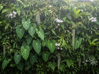 Lush green wall with a variety of tropical plants and flowers growing