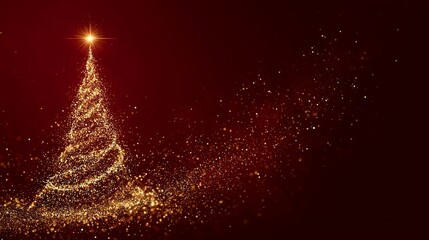 Naklejka premium Ethereal golden glitter tree with glowing star, festive minimalist composition with dynamic particles and clean deep red space