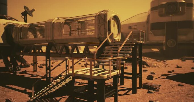 A complex habitat features transparent tunnels and structures, surrounded by a rugged landscape. Advanced vehicles can be seen in the background under a muted sky, suggesting exploration.