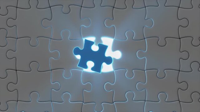 Glowing blue jigsaw puzzle piece flying into place to complete grey puzzle, business solution concept.