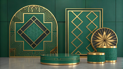 Bold shapes, rich emerald & gold décor, reflective mirrored finishes.