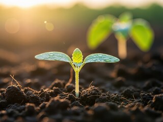 Close up of a young plant growing in the soil at sunset