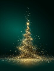 Shimmering golden Christmas tree with sparkling particles on green background, glowing star on top, festive holiday concept 