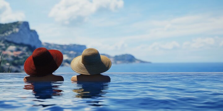A serene beach scene featuring painted rocks floating on a calm sea under a clear sky.