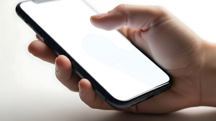Close-up of a person's hand holding and using a modern touchscreen mobile device with a blank white screen for mockup purposes
