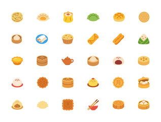 Large Flat Vector Icons Collection of Asian Dim Sum and Bao: Steamed Dumplings, Mooncakes, Teapots, and Chopsticks for Food