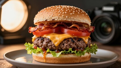 Juicy Bacon Cheeseburger with Melted Cheese and Fresh Vegetables