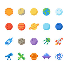 Large Flat Vector Solar System and Astronomy Icons: Planets, Sun, Moon, Asteroids, Rockets, and Telescopes for Science