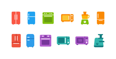 Colorful Flat Vector Household Appliance Icons: Refrigerators, Ovens, Microwaves, and Blenders for Modern Kitchen and Home