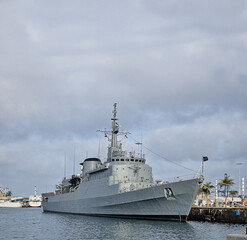 Naklejka premium warship, anchored, port, Las Palmas, frigate, military, conflict, surveillance 