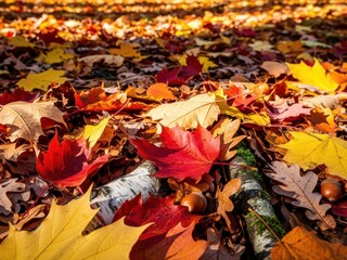 Colorful autumn leaves on the ground with birch log in the forest during fall