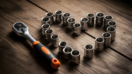 Heart shape made of socket wrenches with ratchet on a wooden surface