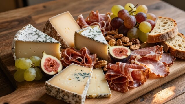 Gourmet Cheese and Charcuterie Board with Fruits and Nuts on Wood