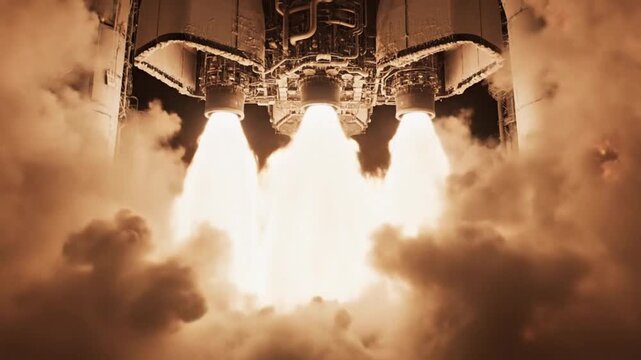 Powerful rocket igniting its engines preparing for liftoff into space, showcasing engineering, technology, and the excitement of space exploration