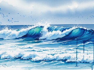Watercolor painting of ocean wave with foam and splashes in blue tones