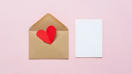 Romantic valentine s day envelope with red heart and blank card on pink