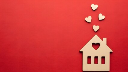 Wooden house with heart cutout and floating hearts on red background