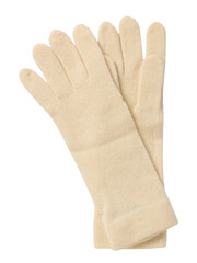Pair of light beige fabric oven mitts with textured pattern isolated on transparent background