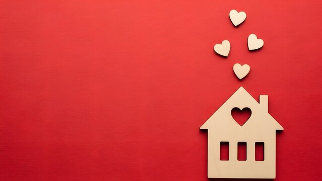 Wooden house with heart cutout and floating hearts on red background