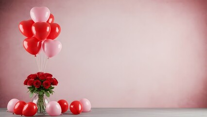Romantic valentine s day roses and balloons against a pink background