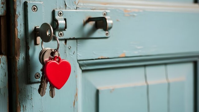 Keys with a red heart keychain hanging on a blue door
