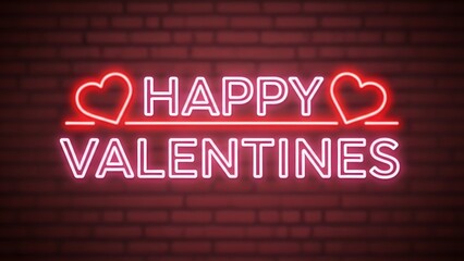 Happy valentines day neon sign on brick wall background for holiday celebration