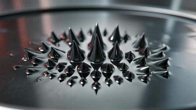 Black ferrofluid magnetic liquid reacting to magnet forming spikes in macro, abstract science background.