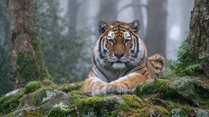 Obraz premium A tiger lounges on moss-covered rocks in a dense forest. The scene has fog and trees surrounding the animal. Soft light filters through the branches