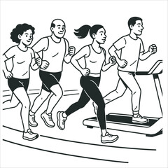 A diverse group running on track and treadmill