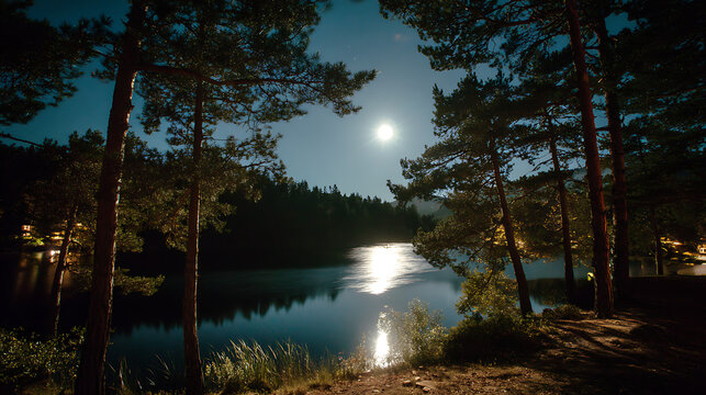 The moon casting a glow over a tranquil lake surrounded by pine trees (1)