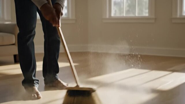 Person sweeping dust on a hardwood floor with sunlight streaming through the windows creating a bright and clean atmosphere in a home interior space for cleaning concepts
