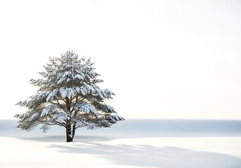 Solitary Pine Tree Standing Tall In A Snow Covered Winter Landscape